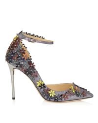 Jimmy Choo | Multicolor Lorelai 100 Anthracite Fine Glitter Fabric Pumps With Pecan Leather Flower Mix Embellishment | Lyst