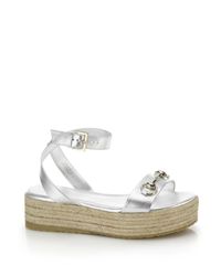 Gucci | Silver Metallic Leather & Raffia Horsebit Platform Sandals | Lyst