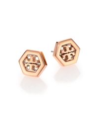 Tory Burch | Metallic Logo Hexagon Stud Earrings/rose Goldtone | Lyst