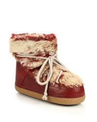 Ikkii | Red Leather and Rabbit-Fur Moon Boots | Lyst