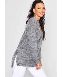 Boohoo Gray Side Split Step Hem Marl V Neck Jumper