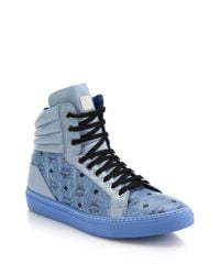 MCM | Blue Logo-print Leather High-top Sneakers for Men | Lyst