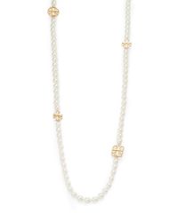 Tory Burch | Metallic Evie Logo Faux Pearl Station Necklace | Lyst