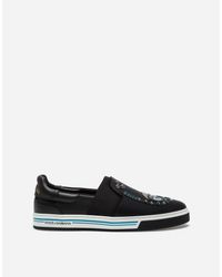 Dolce & Gabbana Black Calfskin Nappa Roma Slip-on Sneakers With Diver-style Patches Of The Designers for men