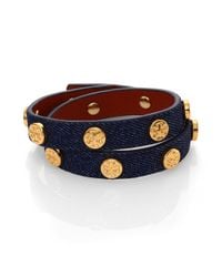 Tory Burch | Blue Logo Stud Denim & Leather Double-Wrap Bracelet | Lyst