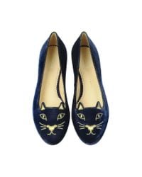 Charlotte Olympia | Black Navy Blue Velvet Kitty Flats | Lyst