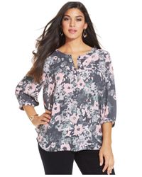 NYDJ | Blue Hepburn Shadow Floral Print 3/4 Sleeve Blouse In Petite | Lyst