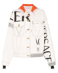 Versace White Logo Print Hooded Denim Jacket
