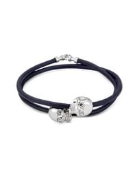 Northskull - Navy Blue Leather W/rhodium Skull Double Wrap Bracelet - Lyst