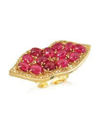 Bernard Delettrez - Metallic Big Mouth W/cabochon Rubies Gold Ring - Lyst