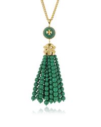Tory Burch - Green Tory Gold Brass And Resin Beaded Tassel Long Necklace - Lyst