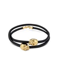 Northskull - Black Leather & 18 Kt. Gold Skull Double Wrap Bracelet for Men - Lyst