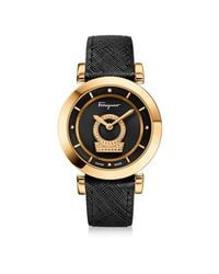 Ferragamo - Metallic Minuetto Gold Ip Stainless Steel Case And Black Saffiano Leather Strap Women's Watch W/black Guilloche' Dial - Lyst