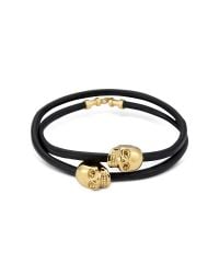 Northskull - Black Leather & 18 Kt. Gold Skull Double Wrap Bracelet for Men - Lyst