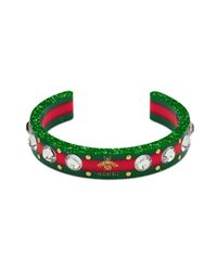 Gucci - Green Web Cuff With Crystals - Lyst