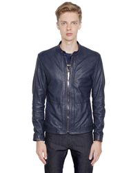 Bikkembergs | Blue Tumble Washed Leather Moto Jacket for Men | Lyst