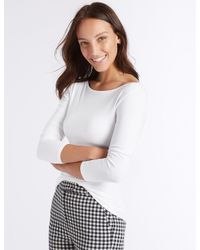 Marks & Spencer White Cotton Stretch Slash Neck 3/4 Sleeve T-shirt