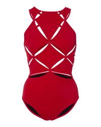 OYE Swimwear Red Poppy Lace Up One Piece Swimsuit
