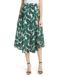 MILLY Green Jackie Pleated Printed Stretch-cotton Midi Skirt