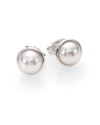 Majorica | Metallic 8mm Mabe White Pearl & Sterling Silver Bezel Stud Earrings | Lyst