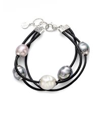 Majorica | Black 12mm Multicolor Baroque Pearl, Sterling Silver & Leather Cord Multi-row Bracelet | Lyst