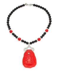 Kenneth Jay Lane | Red Carved Pendant Beaded Necklace | Lyst