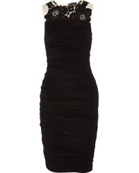 Bailey 44 Black Corded Lace And Tulle-paneled Ruched Stretch-jersey Dress