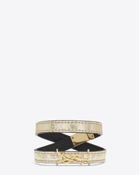 Saint Laurent - Metallic Monogram Double Wrap Bracelet In Cracked Leather And Gold-toned Leather - Lyst