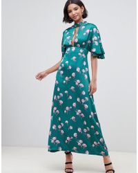 Liquorish Kimono Sleeve Maxi Dress With Keyhole And In Floral Print - Green
