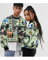 Collusion Unisex Cropped Sweatshirt In All Over Print With Elasticated Hem - Green