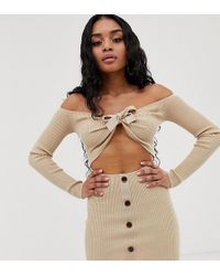 Missguided Korte Gebreide Bardot-jurk Met Gestrikte Voorkant In Beige - Naturel