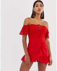 Love Triangle Lace Top Romper With Wrap Ruffle Skort In Red
