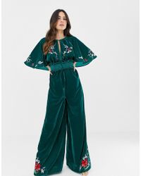 ASOS Kimono-Jumpsuit aus Samt mit Stickerei und Verzierung - Grün