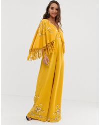ASOS Kimono Sleeve Fringe Embroidered Jumpsuit - Yellow