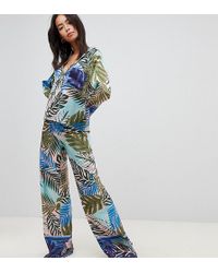 ASOS Asos Design Tall Tropical Border Print Satin Pajama Set - Blue