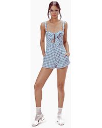 For Love & Lemons Dixie Front Knot Cut Out Romper - Blue & White Gingham Print
