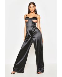 Boohoo Under Bust Detail Stretch Satin Jumpsuit - Black