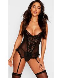 Boohoo Womens Lace Ruffle Basque String & Stocking Set - Black - S