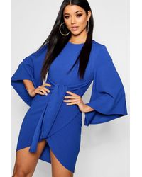 Boohoo Womens Kimono Sleeve Tie Waist Wrap Dress - Blue - 4