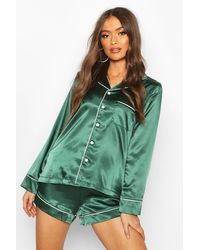 Boohoo Satin Long Sleeve Pj Short Set - Green