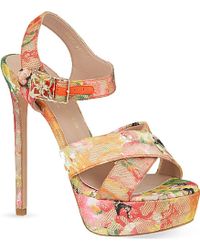Tabitha Simmons Stiletto Heel Sandals in Leather Covered with Floral Silk Jacquard and Leather 