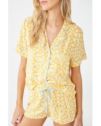 Forever 21 Floral Print Pajama Set , Mustard/blue - Yellow