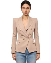 Balmain Double Breasted Wool Twill Blazer - Natural