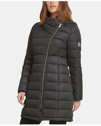 dkny asymmetrical hooded packable puffer coat