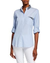 Finley Mr French Striped Button-down Shirt W/ Preppy Dot Trim - Blue