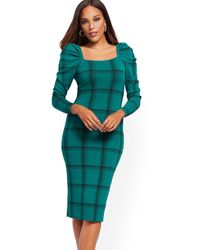 New York & Company Tall Plaid Puff-sleeve Sweater Sheath Dress - Green