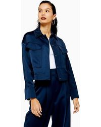 TOPSHOP Navy Cropped Satin Utility Jacket - Blue