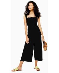 TOPSHOP Black Polka Dot Shirred Jumpsuit