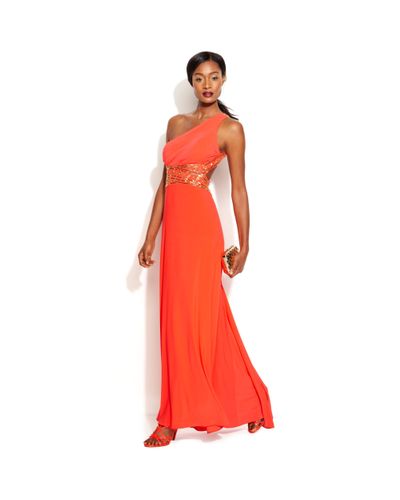 betsy & adam one shoulder gown