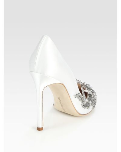 manolo blahnik swan embellished satin pump